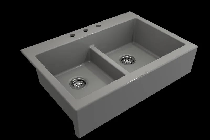 Nuova 34" x 24" x 10" Double-Basin Farmhouse Apron Front Kitchen Sink in Matte Gray