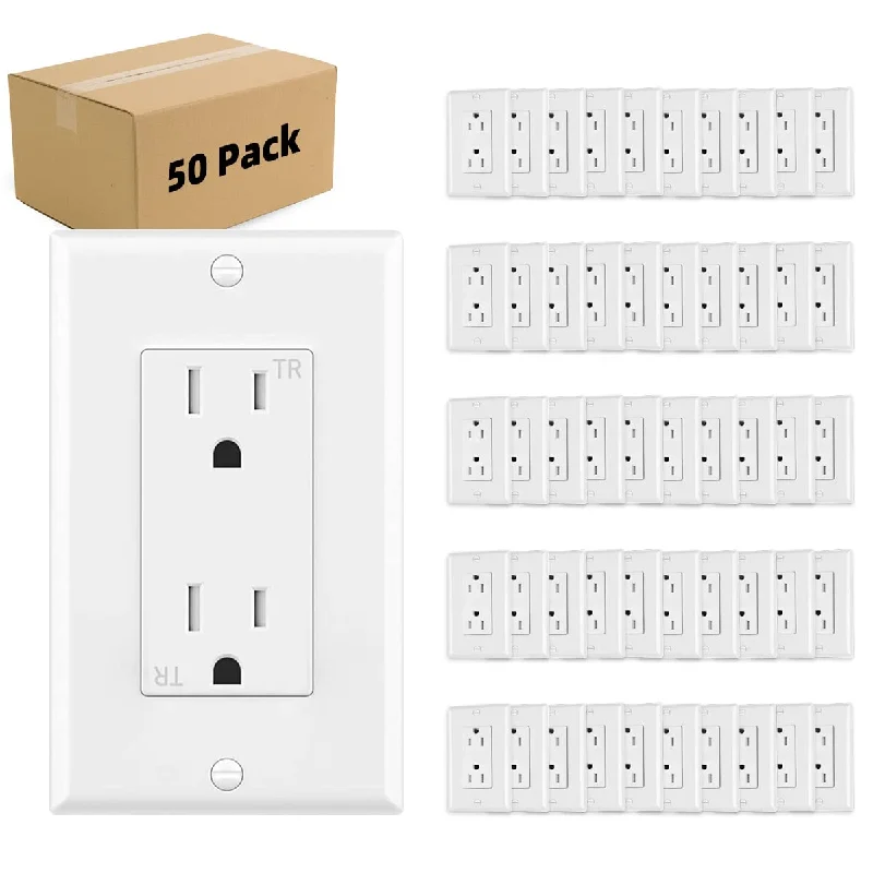 Outlet Socket, Decorator Receptacle, 15 Amp, 125 Volt, Tamper Resistant, Grounding with Wall Plates UL Listed White 50pack Micmi (15A)