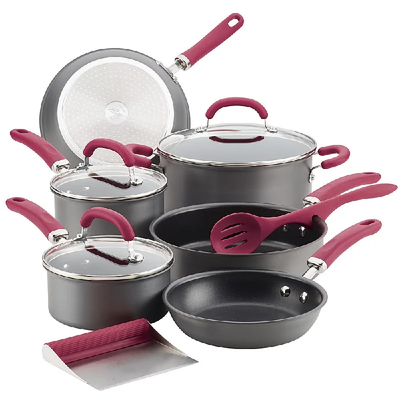 Rachael Ray Create Delicious 11-Piece Cookware Set Gray with Burgundy Handles