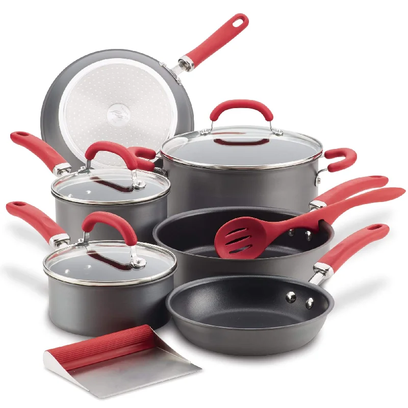 Rachael Ray Create Delicious 11-Piece Cookware Set Gray with Red Handles