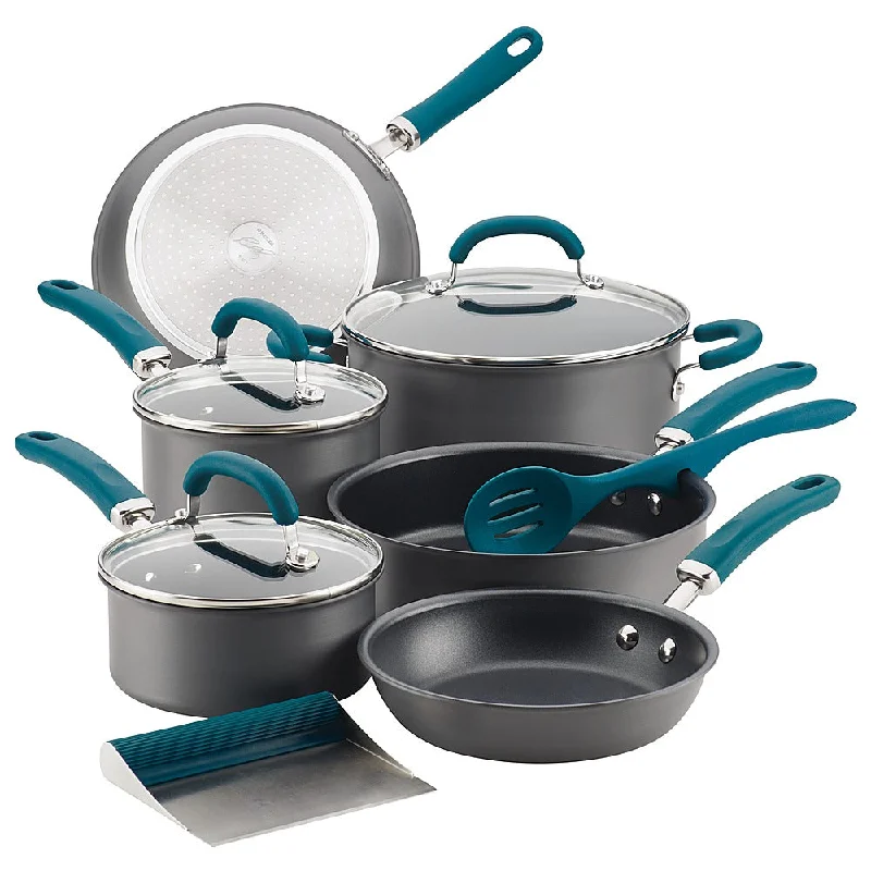 Rachael Ray Create Delicious 11-Piece Cookware Set Gray with Teal Handles