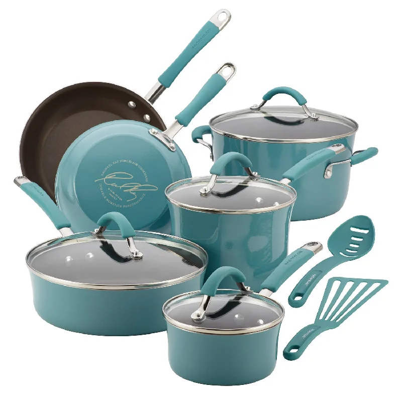 Rachael Ray Cucina 12pc Hard Enamel Nonstick Cookware Agave Blue