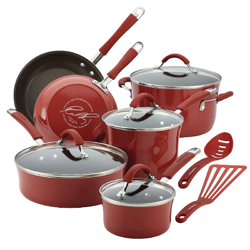 Rachael Ray Cucina 12pc Porcelain Cookware Set Cranberry Red