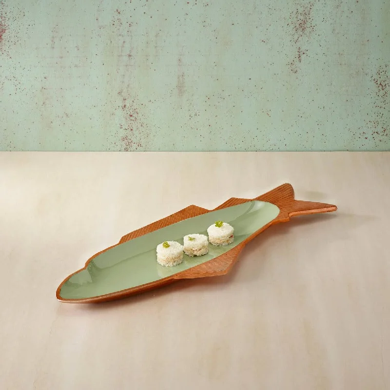 sap green fish metal- enamel fusion platter