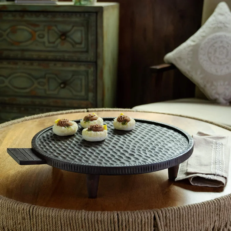 Tribal Mango Wood Platter With Legs Round Brown