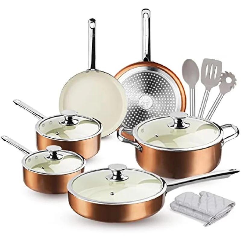 13-Piece Heavy Duty Stainless Steel Handles Non-stick Ceramic Coating Cooking Set