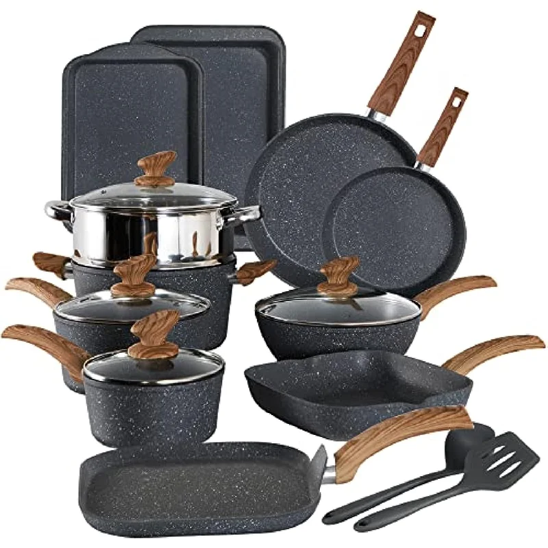 17 Piece Gray Cooking Pan Set, Granite Non-Stick Pots and Pans Set