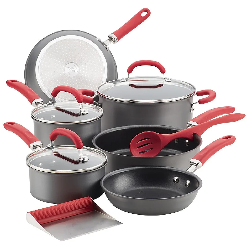 Rachael Ray Create Delicious 11-Piece Cookware Set Gray with Red Handles