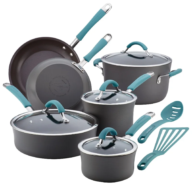 Rachael Ray Cucina 12-Piece Cookware Set Gray with Blue Handles