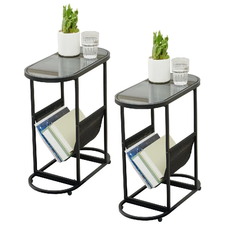 Glass Oval Small Side Table, Living Room, Small Space with Magazine Storage Space, Stainless Steel Frame (2 Sets)