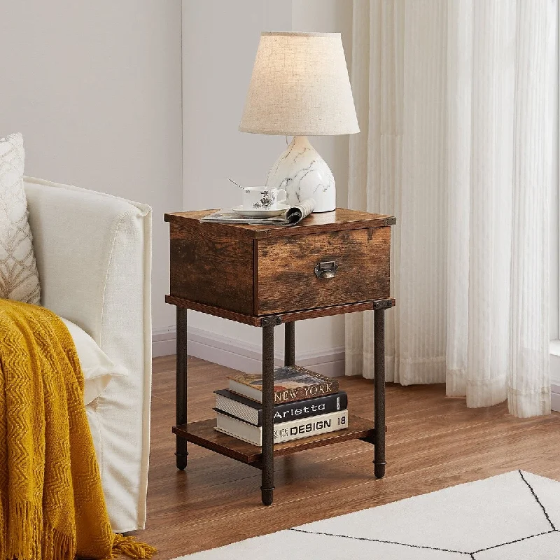 Javlergo Vintage Nightstand with Drawer and Shelf, Steel Metal Frame Side End Table