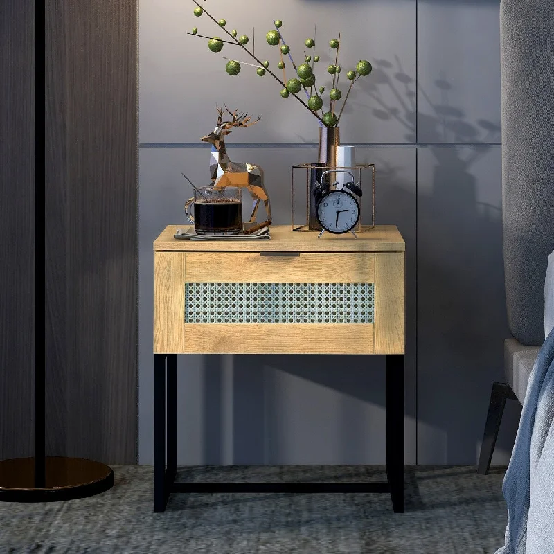 Nightstand Side Table with Wicker Rattan, Wood Color MDF and Black Steel Frame