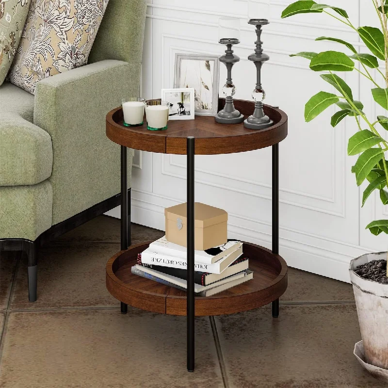 Round Side Table, Retro End Table with Storage Shelf, 20.5" Nightstand w/Heavy-Duty Steel Frame, Wood Accent Table