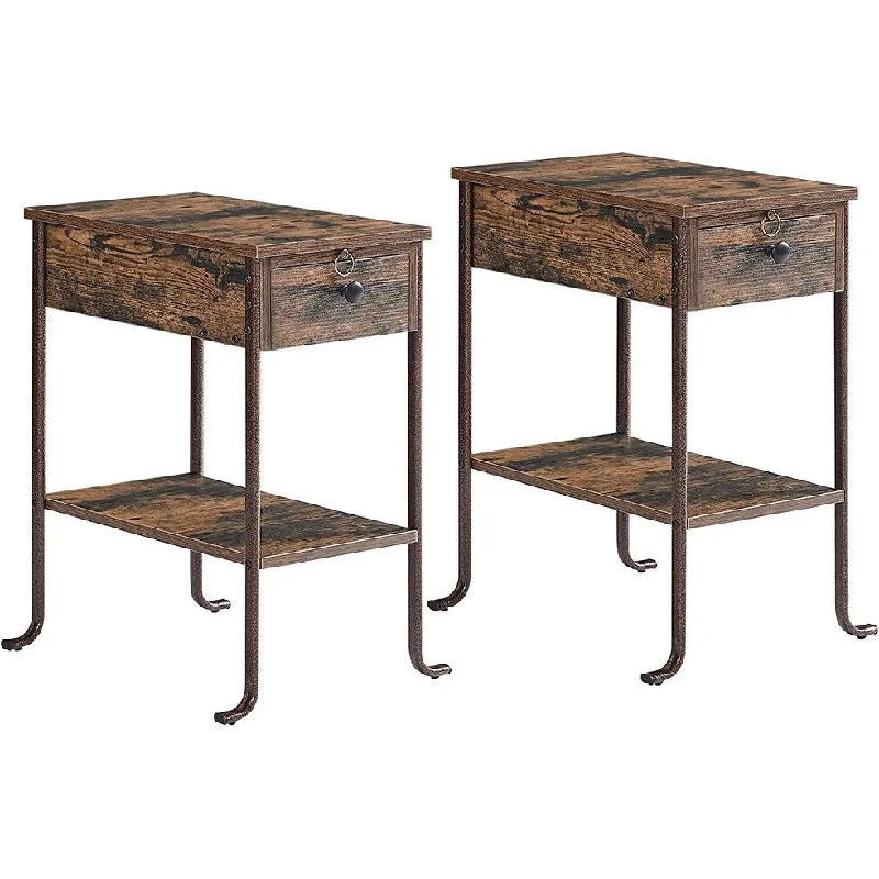 Set of 2 Nightstand with Pull-Out Tray and 1-Drawer, Slim Nightstand Steel Frame, Rustic Brown