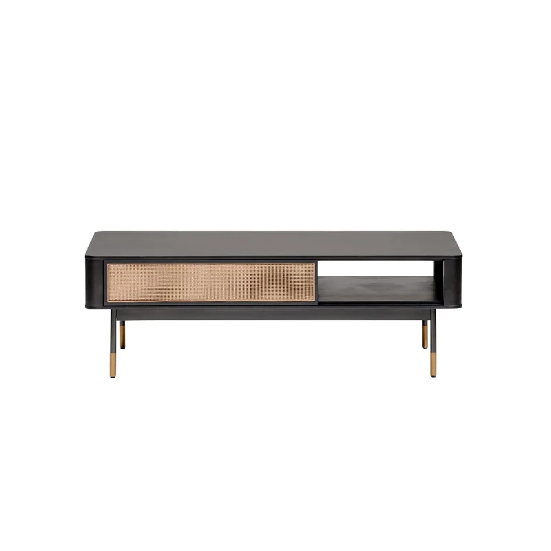 Solid Wood And Steel Coffee Table With Drawer And Shelf - Black / Brown